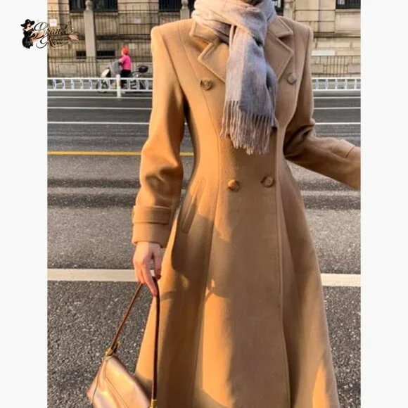 Wool Blended Long Coat Double Breasted Trench Overcoat with Pockets